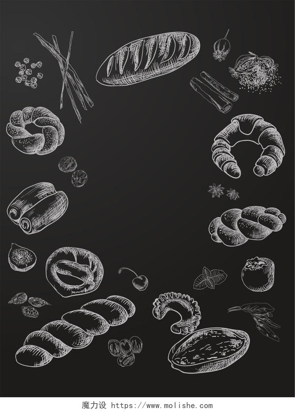 美式西餐手绘线稿披萨果蔬食品餐馆面包海报